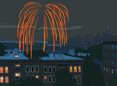 Pohled na newyorský přístav a panorama s ohňostrojem z Brooklynu (digitální umění) od Evan Sklar
