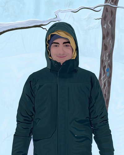 Mladý muž v zelené bundě na sněhu (digitální umění) od Evan Sklar