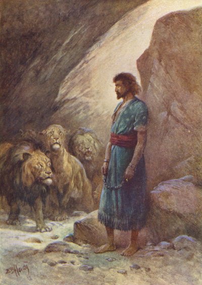 Daniel a lvi (barevná litografie) od Evelyn Stuart Hardy