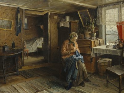 Manželka v interiéru farmáře (olej na plátně) od Even Ulving