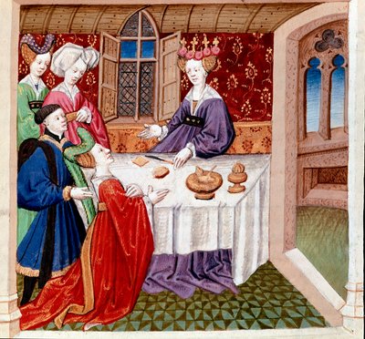 Iseult (nebo Iseult) prosí o ochranu královnu Guenevre sedící u jejího stolu. Miniatura převzatá z románu „Romanesque du Chevalier Tristan et de la reine Yseult““ od Gassiena de Poitiers osvětlená Everardem de Espinques (Evrard d