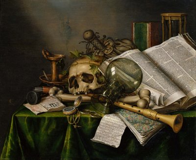 Vanitas - zátiší s knihami a lebkami od Evert Collier