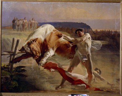 Zúčtování Jana (Iana) Usmara (Usmovič, Usmoshvets). (The Trial of Strength of Yan Usmovets). Tradiční ruský legendární hrdina, podrobený zkoušce velkovévodou Vladimírem (asi 960-1015), aby zastavil býka holýma rukama. Malba Yevgraf Se od Evgraf Sorokine