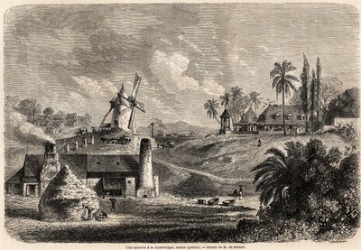 Cukrovar v Guadeloupe, kresba Auguste de Berard (1824-1881), pro ilustraci plaveb do Západní Indie v letech 1858-1859 od Anthonyho Trollope (1815-1882). Rytina v „“ Le tour du monde, nouveau journal des voyages““ Paříž od Evremond de (after) Berard
