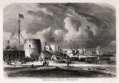 Přístav města Zanzibar (dnešní Tanzanie), kresba Evremonda de Berarda (1824-1881), ilustrující cestu kapitána Burtona k Velkým jezerům ve východní Africe v letech 1857-1859. Rytina v „“ Le tour du monde, nouveau journal des voyages““ Paříž od Evremond de (after) Berard