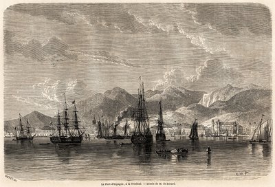 Španělský přístav v Trinidadu (Trinidad a Tobago), kresba Evremond Auguste de Berard (1824-1881), pro ilustraci plaveb do Západní Indie v letech 1858-1859 od Anthonyho Trollope (1815-1882). Rytina v „“ Le tour du monde, nouveau journal des voya od Evremond de (after) Berard
