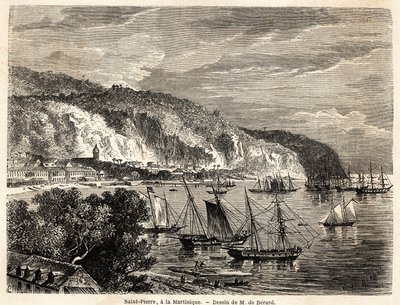 Pohled na Saint Pierre na Martiniku, kresba Augusta de Berarda (1824-1881), pro ilustraci plaveb do Západní Indie v letech 1858-1859 od Anthonyho Trollope (1815-1882). Rytina do „“Celého světa, nový cestovní deník““ Paříž od Evremond de (after) Berard