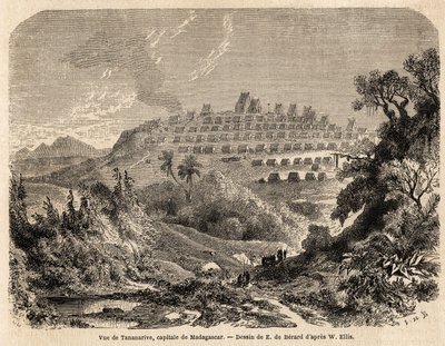 Pohled na Tananarive, hlavní město Madagaskaru, kresba Evremonda de Berarda (1824-1881), k ilustraci cesty Idy Pfeifferové na Madagaskar v roce 1857. Rytina v „”Le tour du monde”” 1861. Selva sbírka. od Evremond de (after) Berard