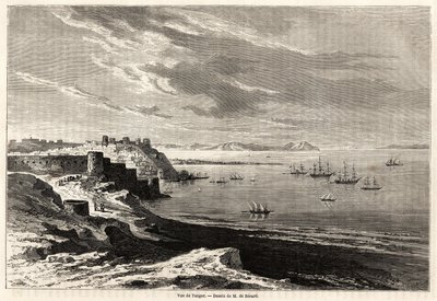 Pohled na Tanger (Maroko), kresba Evremonda de Berarda (1824-1881), pro ilustraci cestopisných poznámek M. F. Schicklera do Maroka. Rytina v „“ Le tour du monde, nouveau journal des voyages““ Paříž od Evremond de (after) Berard
