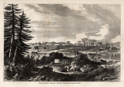 Pohled na Victoria-Vancouver, hlavní město Britské Kolumbie, kresba Augusta de Berarda (1824-81), pro ilustraci průzkumu Skalistých hor v letech 1857-59 kapitánem Johnem Palliserem. Rytina v „“ Le tour du monde, nouveau journal des voyages““ Paříž od Evremond de (after) Berard