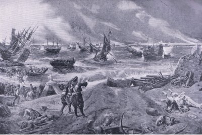 Jakub II. v bitvě u La Hogue, 23. května 1692, ilustrace z britských bitev na souši a na moři, 1915 od Eyre Crowe