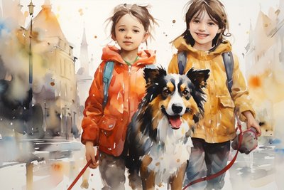 Akvarel Portrétní malba psa a dětí, nástěnné umění dekorace, canva výtisky od F. Abderrahim