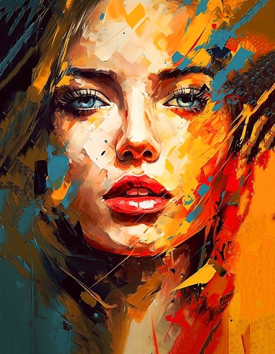 Krásná dívka tvář portrét kresba, modré oči, impresionistický styl, Canvas Art výtisky od F. Abderrahim