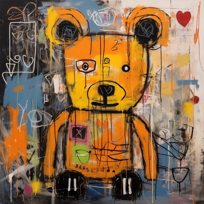 Dekor roztomilý medvěd abstraktní malba, Jean Michael Basquiat styl, umělecké výtisky od F. Abderrahim