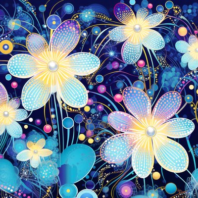 Květinový vzor v modré barvě, styl yayoi kusama, umělecké výtisky online od F. Abderrahim