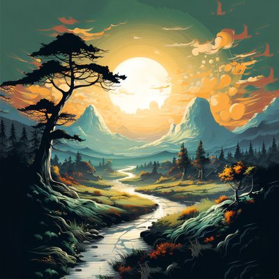 Hory a řeka krajina východ slunce, plátno a nástěnné umělecké výtisky online od F. Abderrahim