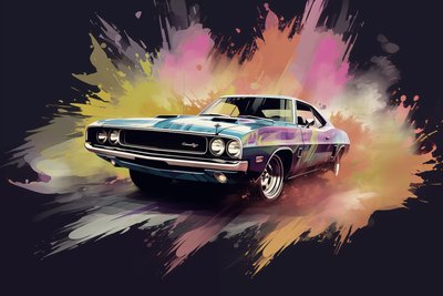 Staré americké auto, 70. a 60. léta, abstraktní malba, nástěnné umělecké výtisky od F. Abderrahim