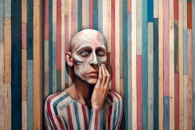 Surrealistický obraz smutného muže inspirovaný Giorgio de Chirico, umělecké výtisky od F. Abderrahim