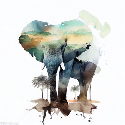 Akvarelli elefanttimaalaus, afrikkalainen savanna, neliömäinen seinä Taidevedoksia od F. Abderrahim