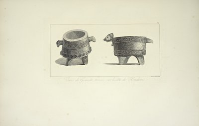 Vázy ze žuly, nalezené na pobřeží Hondurasu, ilustrace z "Vues des Cordillères et Monumens des Peuples Indigènes de l"Amérique" od Alexandra von Humboldta a Aime Bonpland, 1813 od F. Arnold