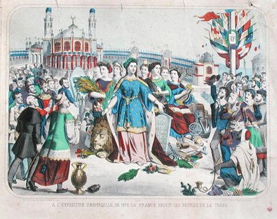 Francie přijímá lidi z celého světa na Světové výstavě v roce 1878 (barevné lito) od F. C. Wentzel