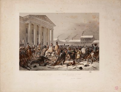 Ustupující francouzská armáda na radničním náměstí ve Vilně, vyryla Victor Adam (1801-66) a Louis Pierre Alphonse Bichebois (1801-50) 1812 od F. Daniel