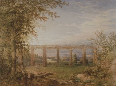 Cihlový a dřevěný železniční viadukt s parním vlakem, 1849 (wc na papíře) (pár k 3247622) od F. S. Cook