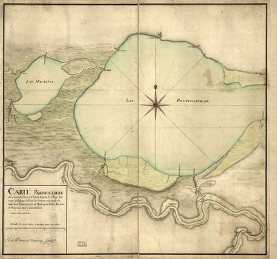 Erityinen kartta St. Louis -joen suunnasta villikylästä Detour aux Angloixin alapuolelle, Pontchartrain- ja Maurepas-järvet sekä sinne johtavat joet ja bayouc od F. Saucier