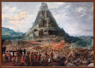 Babylonská věž. Malba Joose de Mompera II. (1564-1635), postavy připisované Fransi Franckenovi II. (1581-1642), olej na dřevě. Vlámské umění 17. století. Královské muzeum výtvarného umění Belgie, Brusel. od F. and Momper J. Francken