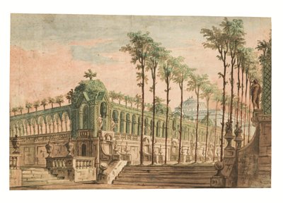Scénický návrh palácové zahrady (pero a hnědý inkoust, akvarel) od Fabrizio Galliari