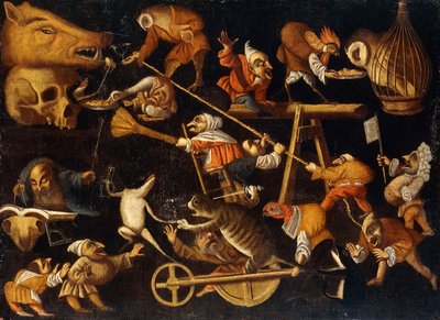Imaginární zvířata a trpaslíci bojují, pijí a kolotočují od Faustino Bocchi or Boccasi
