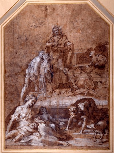 Náboženská alegorie, shromažďování manny a ustanovení eucharistie (pero, inkoust a křída s mytím, zvýrazněné bílou na papíře) od Federico Fiori Barocci or Baroccio