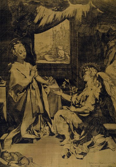 Zvěstování (lept, rytina a suchá jehla na žlutém hedvábném taftu) od Federico Fiori Barocci or Baroccio
