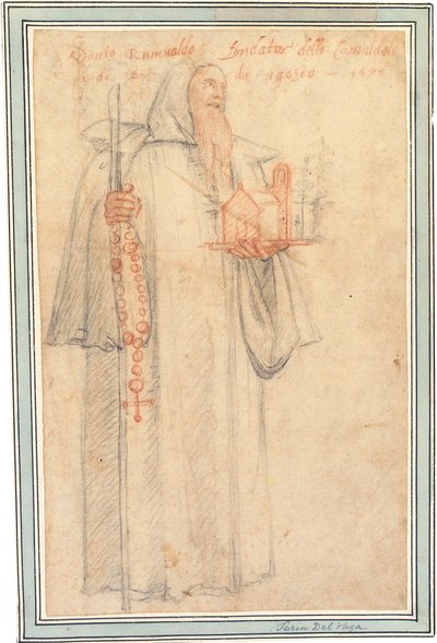 Fra Stefano, prokurátor kamaldolitů ve Vallombrose, jako svatý Romuald, držící model kostela a růžence, 1577 od Federico Zuccaro