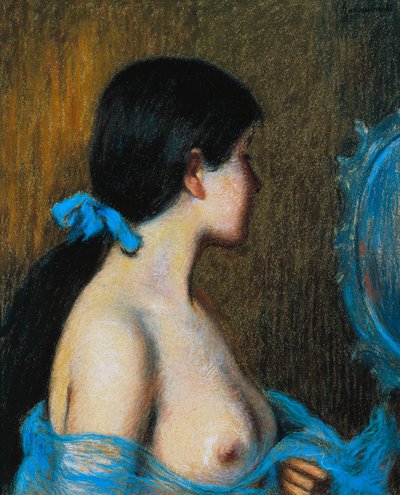 Mladá žena u zrcadla, Federico Zandomeneghi (1841-1917), pastel na papíře na plátně, 46x38 cm od Federigo Zandomeneghi