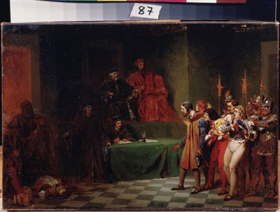 Umělci mozaiky před koncilem tří v Benátkách (Itálie) (Umělci mozaiky před koncilem tří v Benátkách). Obraz Feodora Andrejeviče Bronnikova (1827-1902). Olej na plátně, před 1886, 25,5 x 37,5 cm, ruské umění. Státní muzeum umění A. Radishcheva, od Fedor Andreevich Bronnikov