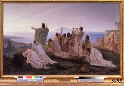 ""The Hymn to the Rising Sun of Pythagoras"" Rituální obřad ve starověkém Řecku inspirovaný pythagorejskými teoriemi týkajícími se hudby a hvězd. Obraz Feodor Andrejevič Bronnikov (1827-1902) 1869 Státní Treťjakovská galerie Moskva od Fedor Andreevich Bronnikov
