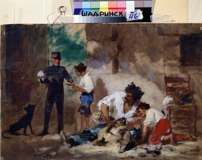 Kadeřníci v Neapoli (Itálie) (Střihač psů v Neapoli). Dílo Feodora Andrejeviče Bronnikova (1827-1902). Olej na kartonu, 33 x 50 cm, ruské umění. Muzeum regionálních studií, Shadrinsk (Rusko). od Fedor Andreevich Bronnikov