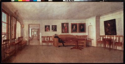 Interiér domu A Semenského u Tveru (Rusko) - Interiér domu A Semenského u Tweru - Obraz Fjodora Michajloviče Slavjanského (1819-1876), olej na plátně - ruské umění od Fedor Mikhailovich Slavyansky