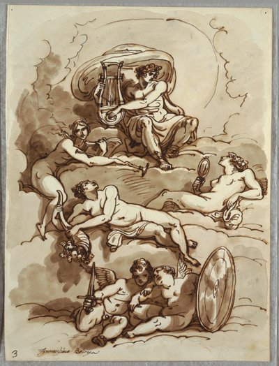 Apollo s lyrou, sláva, hojnost, krása a dva putti na oblacích, studie podle Marcantonia Franceschiniho od Felice Giani