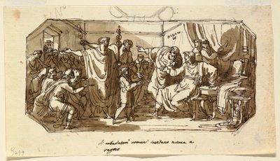 Návrh stropu: Římský velvyslanec Požádejte Sabine Numu Pompilius, aby vládl Římu, sál Numa Pompilius, Palazzo Milzetti, Faenza od Felice Giani