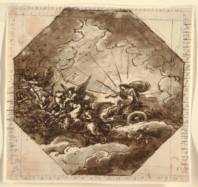 Kresba, Apollón na voze s Aurorou, Sala Ottogonale, Palazzo Milzetti, Faenza, 1804-05 od Felice Giani