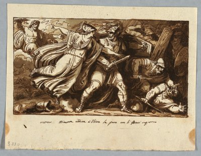 Kresba, list ze skicáku: Minerva nařizuje Odysseovi, aby uzavřel mír s Penelopinými nápadníky (Minerva induce Ulisse alla pace con i Proci), před rokem 1805 od Felice Giani