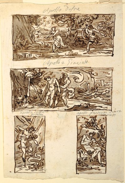 Čtyři kresby mýtu o Apollónovi; Dekorace zdi nad římsou, Sala di Apollo, Palazzo Cavina, Faenza od Felice Giani
