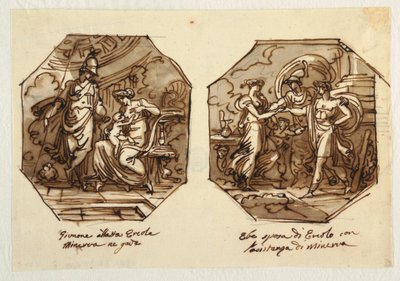 Juno Suckling Hercules, Hebe si vezme Herkula s pomocí Minervy, navrženo pro Sala di Ercole e Ebe, Palazzo Gaddi, Forli. od Felice Giani