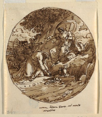 Numa Pompilius uctívající Jovea na Aventinu, stropní design pro Sala di Numa Pompilius, Palazzo Milzetti, Faenza od Felice Giani