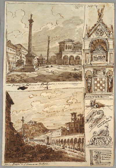 Piazza San Domenico v Bologni; Piazza San Francesco a Villa Aldini v Bologni; Studie hrobky Glossatori od Felice Giani