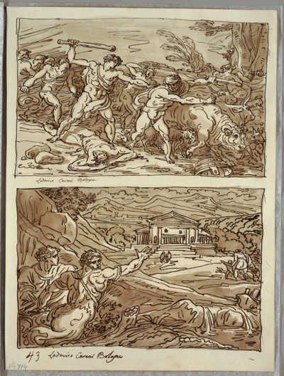 Remus odežene a zabije lupiče stád; Svatyně pro uprchlíky na Campidoglio, dvě studie po Carracci od Felice Giani