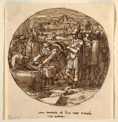 Vyzvedávání knih z hrobky Numy, sál Numa Pompilius, Palazzo Milzetti, Faenza od Felice Giani