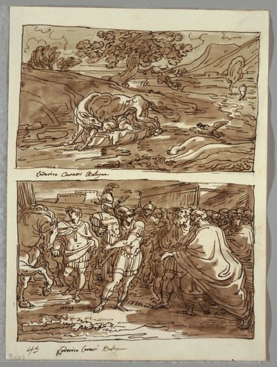 Romulus a Remus kojili vlka; Romulus zasvěcuje Jove Feretriovi kořist poraženého krále Acronia, dvě studie po Carracci od Felice Giani